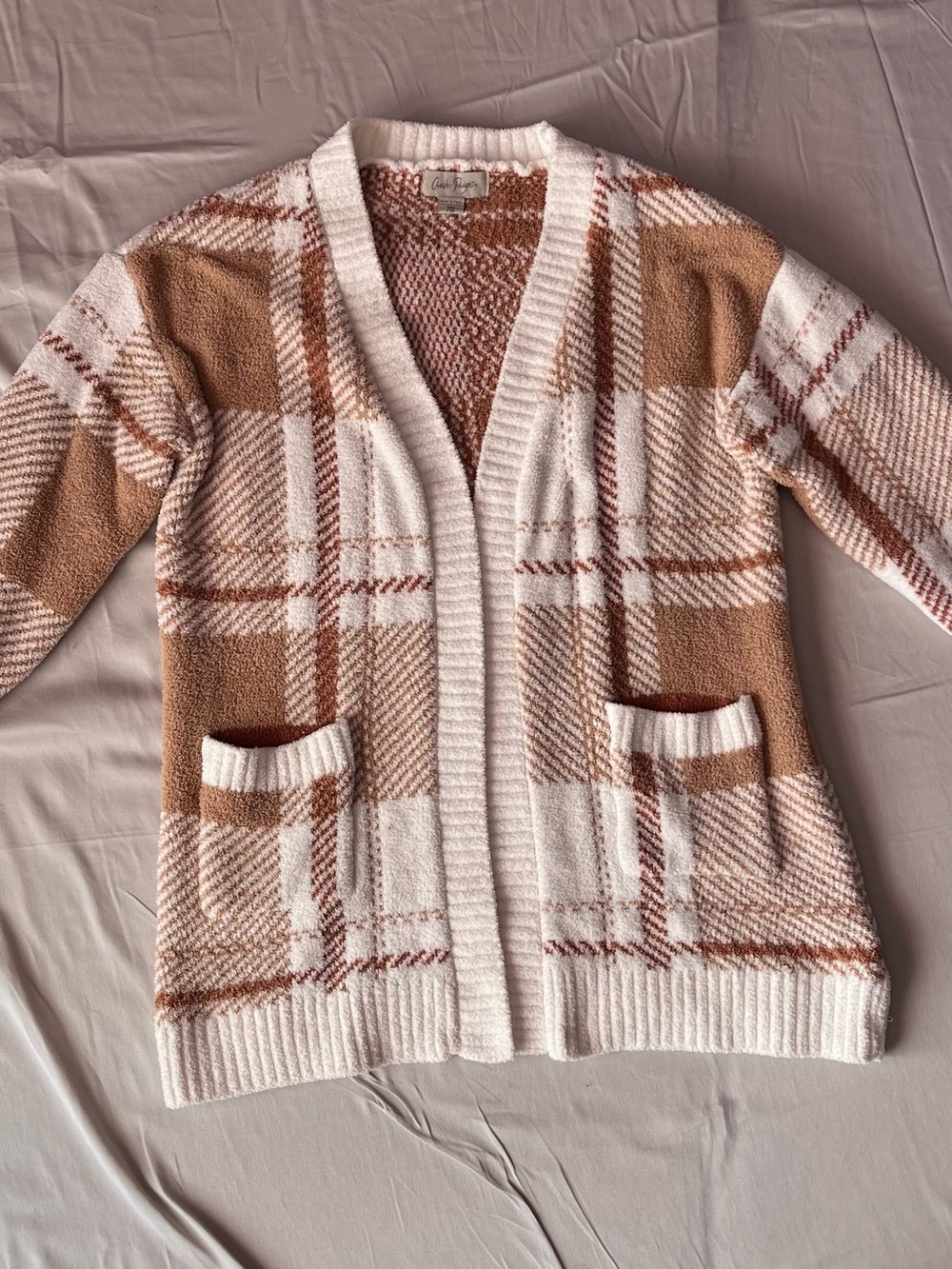 Charlie Paige Plaid Open-Front Cardigan - Cream & Tan